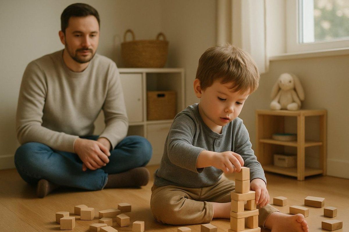 Un parent assis discrètement en retrait, observant un enfant jouant seul avec des blocs en bois dans une pièce lumineuse.