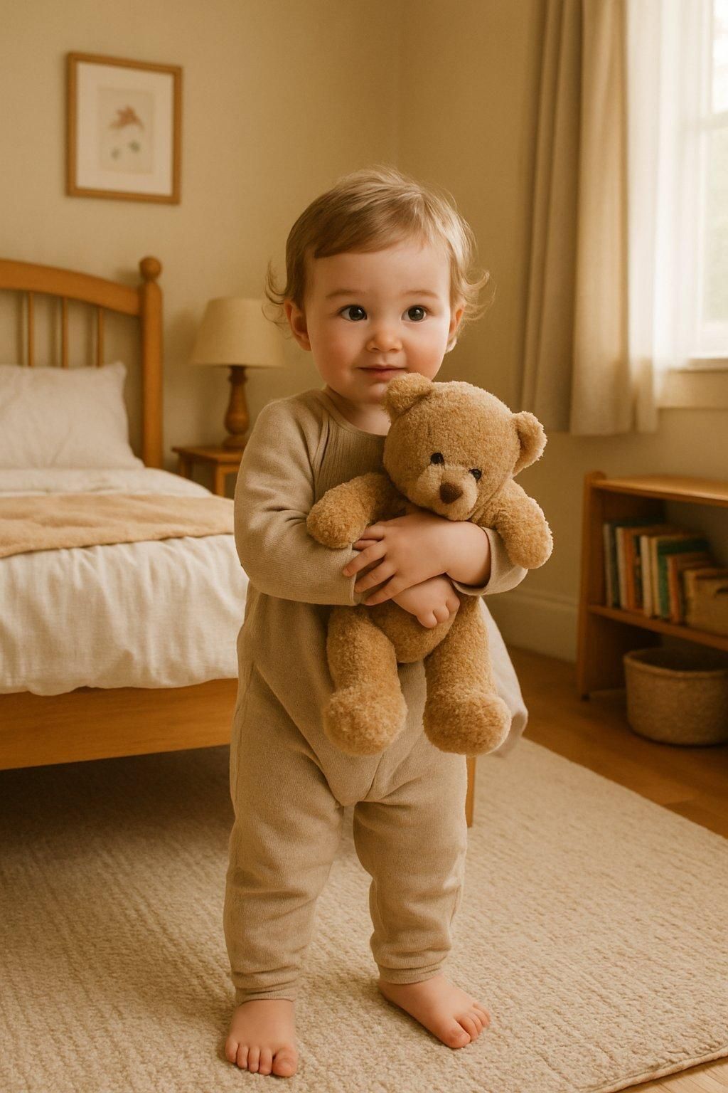Un petit enfant tenant son doudou dans sa chambre paisible, favorisant un sommeil serein avec Teddybedroom.