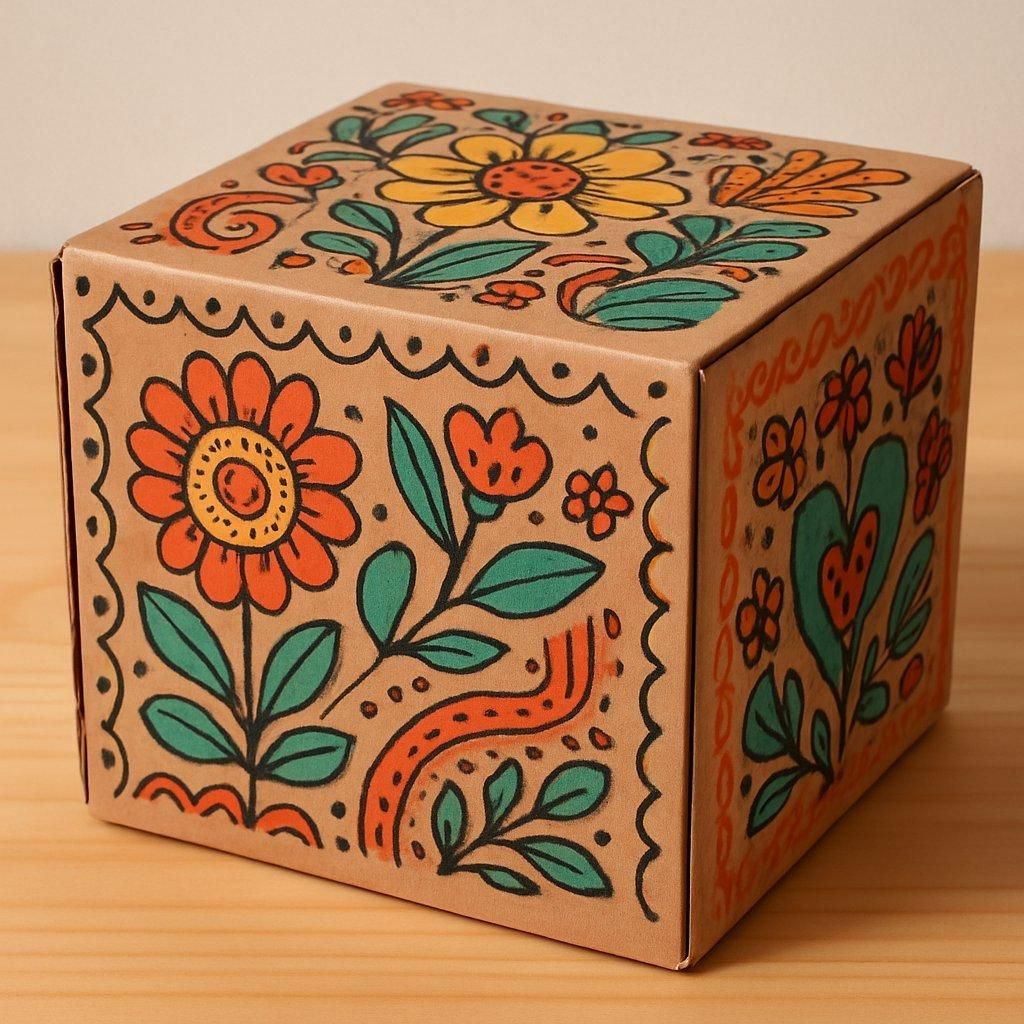 Une boîte à jouets en carton ondulé custom decorated cardboard box, décorée avec des éléments naturels et colorés.