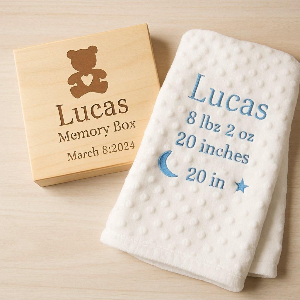 Une boîte à souvenirs personnalisée contenant un doudou et une couverture de bébé, symboles d'amour et de douceur.