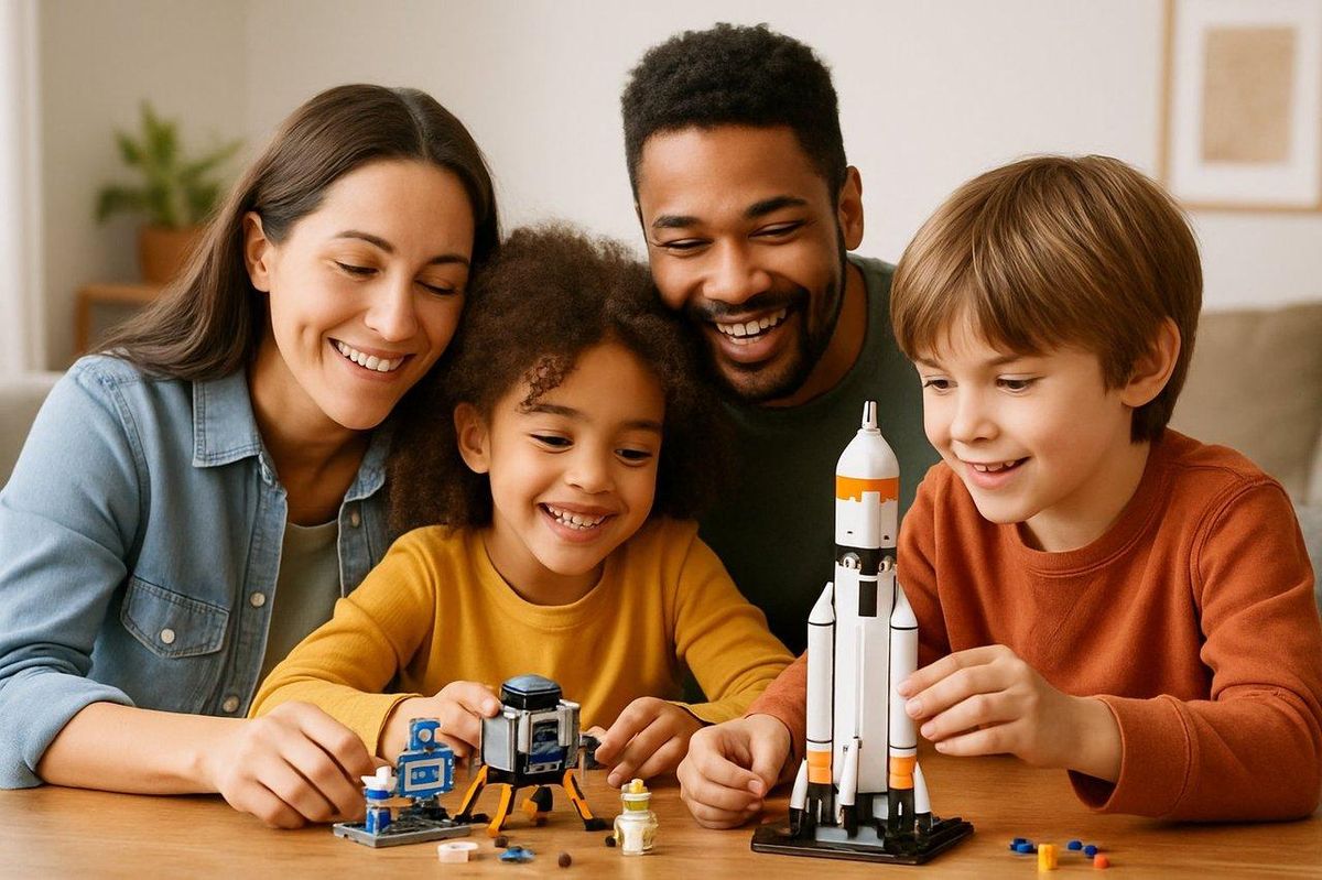 Une famille construisant ensemble un set LEGO espace La Voie lactée, moment convivial et créatif.