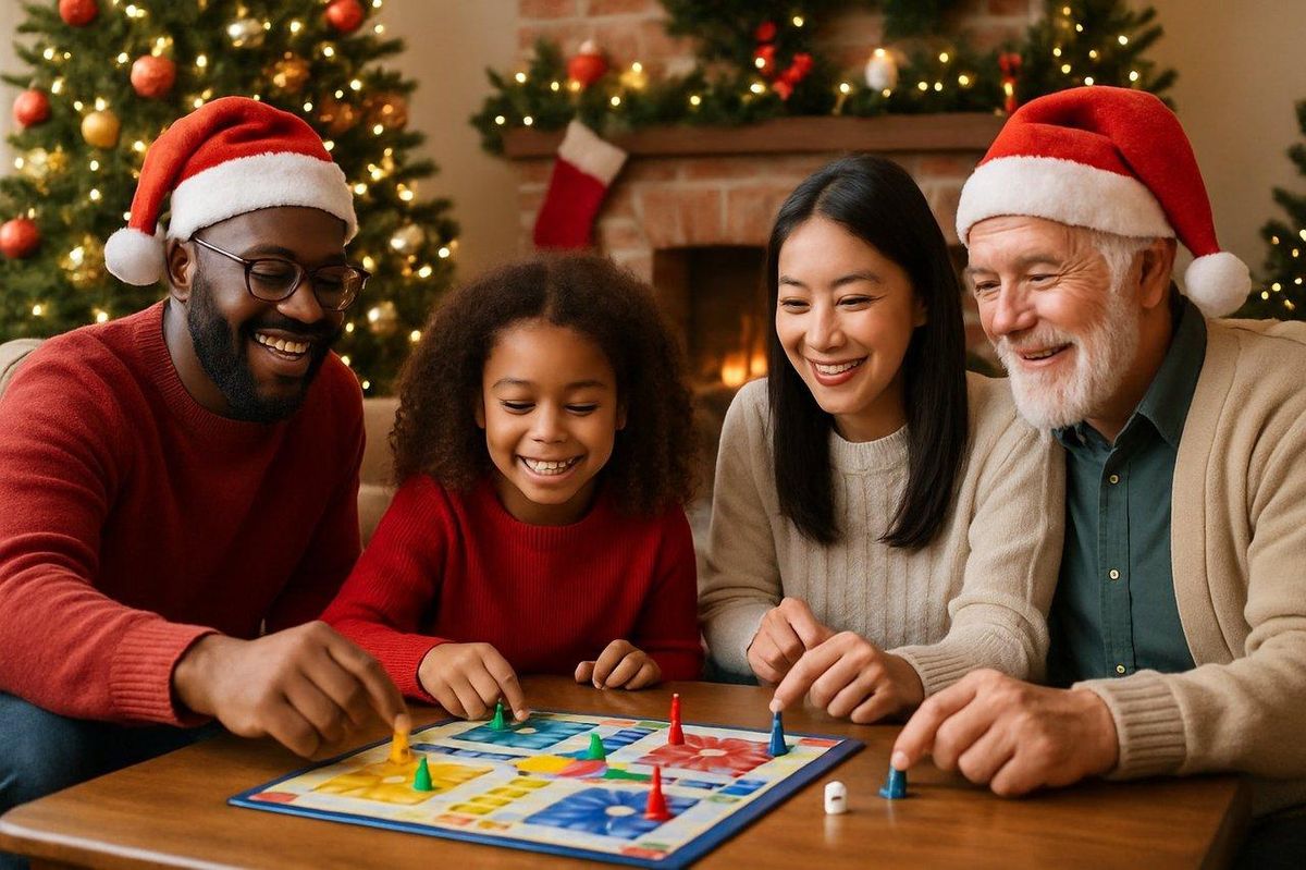 Une famille diverse joue à des jeux de société Christmas autour d'une table festive de Noël.