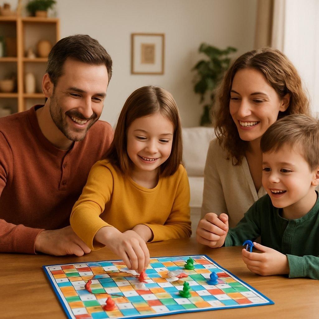 Une famille heureuse jouant à un jeu de société coopératif, renforçant les liens autour d'une table conviviale.