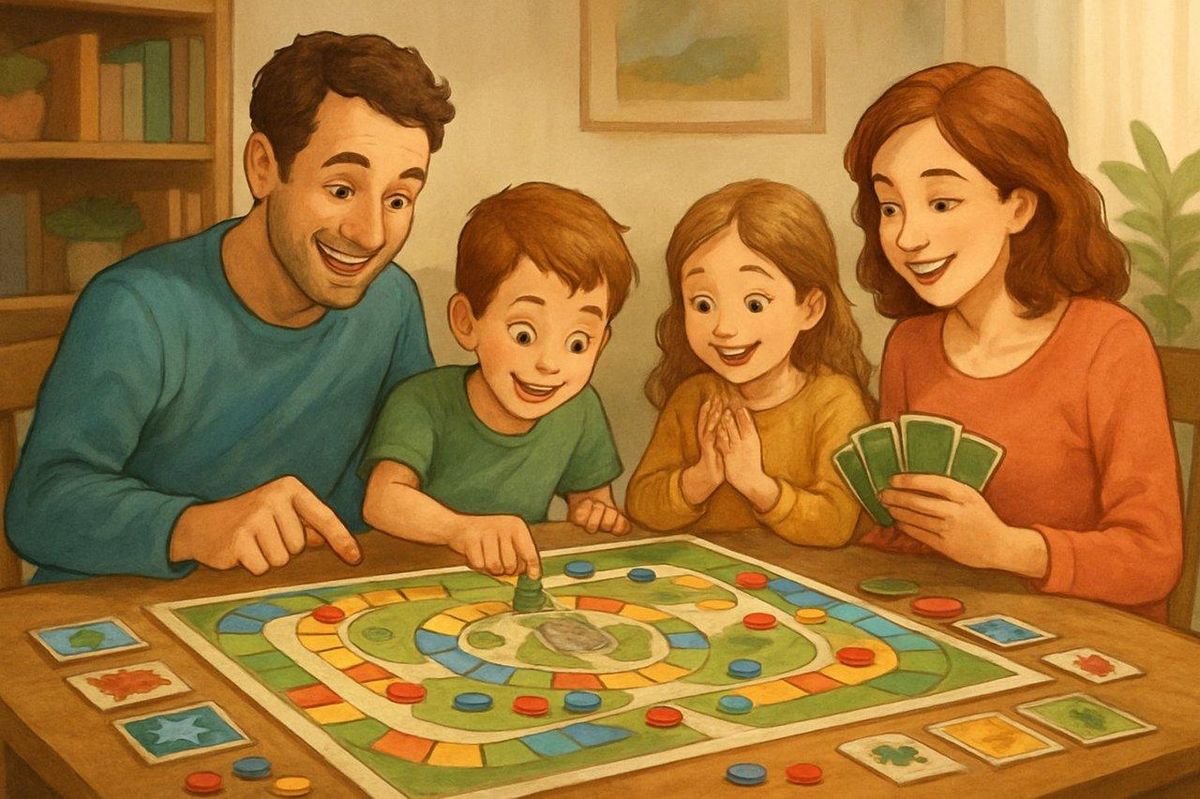Une famille heureuse joue à un family cooperative board game adapté à tous les âges.