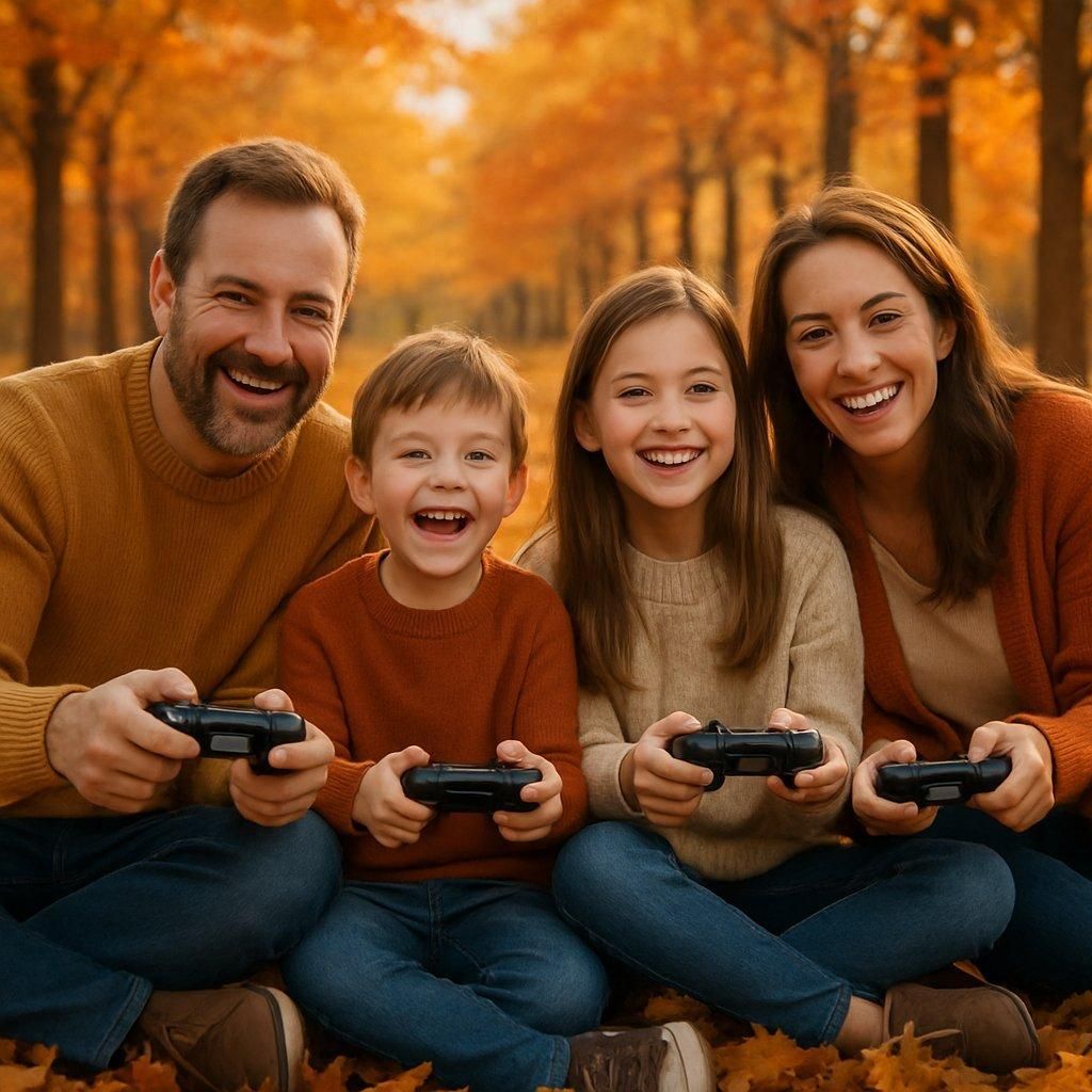 Une famille jouant à la Nintendo Switch lors d'une après-midi d'automne chaleureuse en famille.