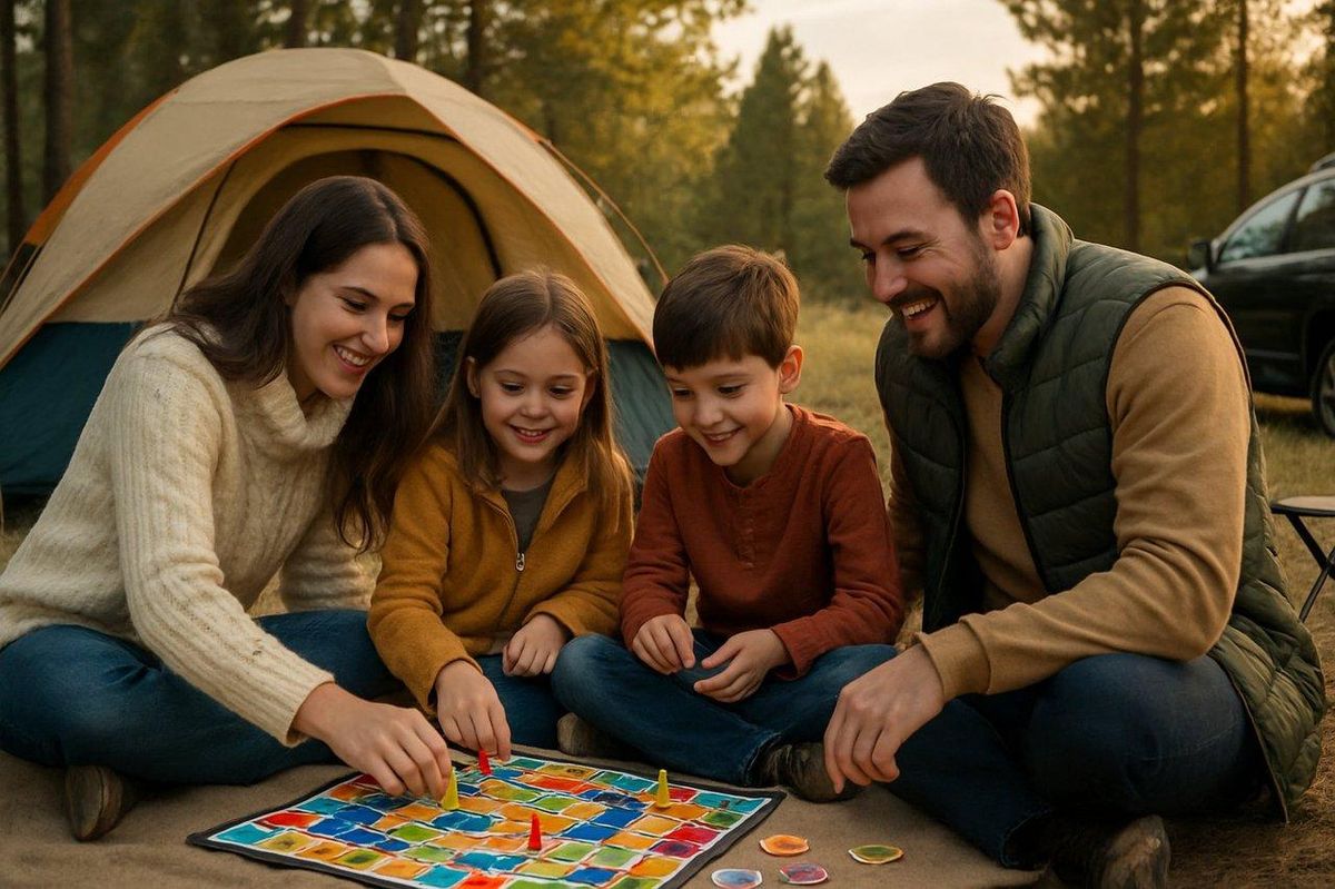 Une famille jouant à plusieurs jeux de société camping sur la terrasse lors des vacances d'été.