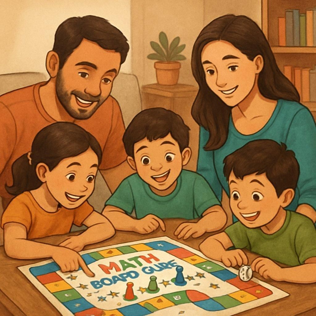 Une famille jouant à un jeu de société mathématique, favorisant l'apprentissage ludique pour tous.