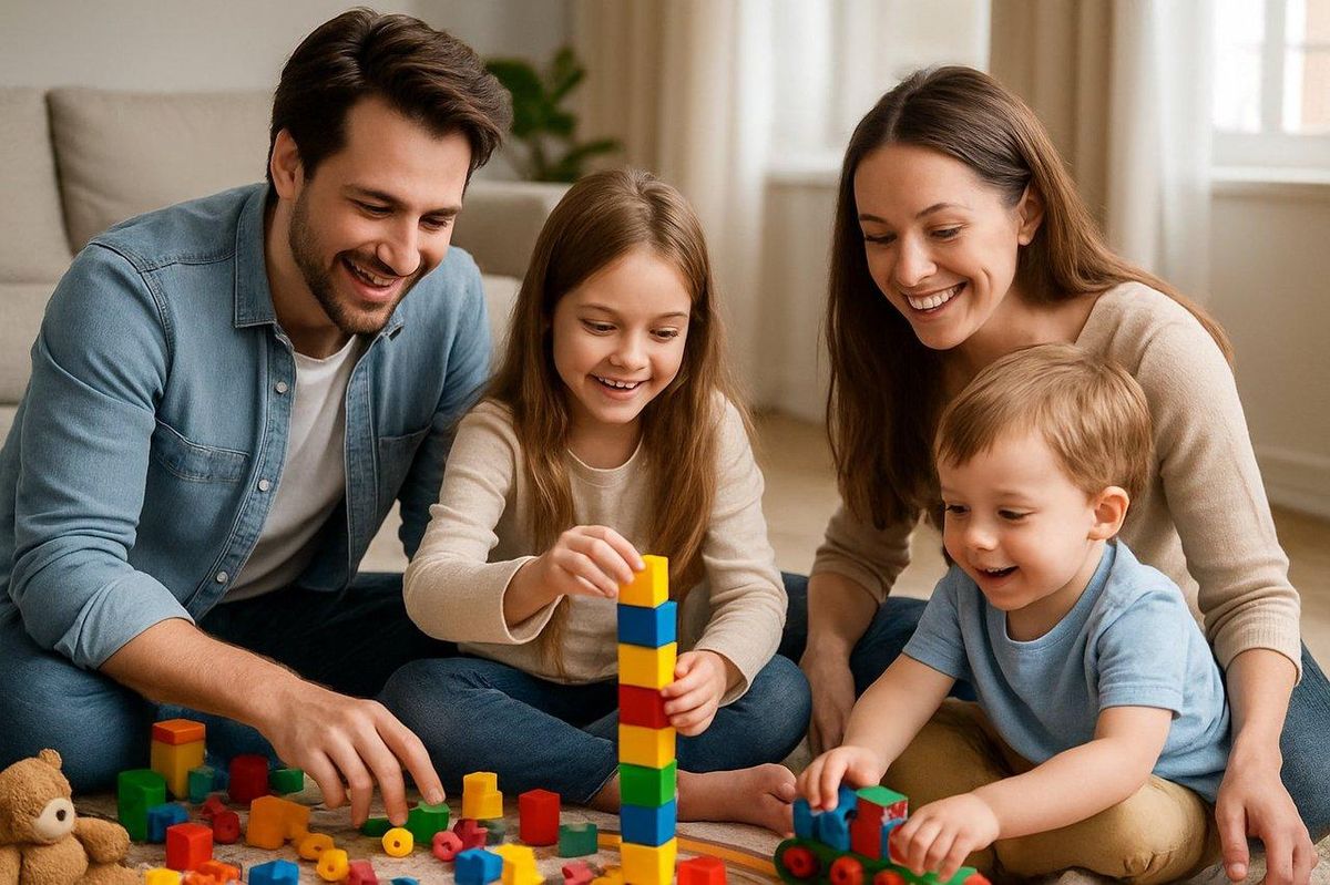 Une famille jouant avec des jouets Barbie, Playmobil et Lego dans un salon moderne.