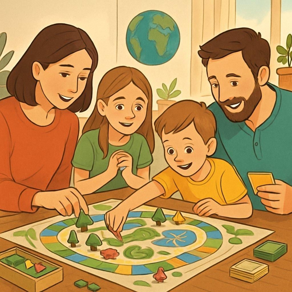 Une famille jouant ensemble à un eco boardgame pour sensibiliser les enfants à l’écologie.