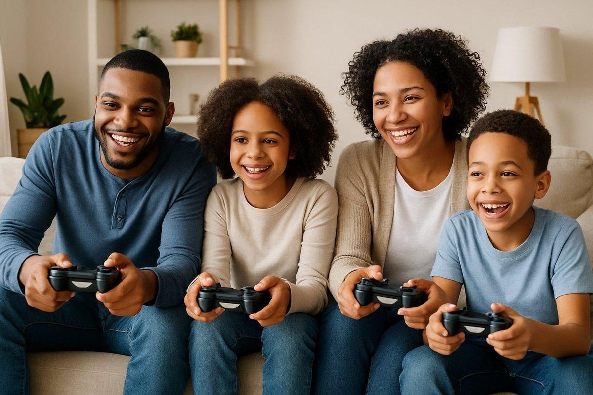 Une famille joue à des jeux vidéo dans un cadre chaleureux et sécurisé, favorisant le lien familial.