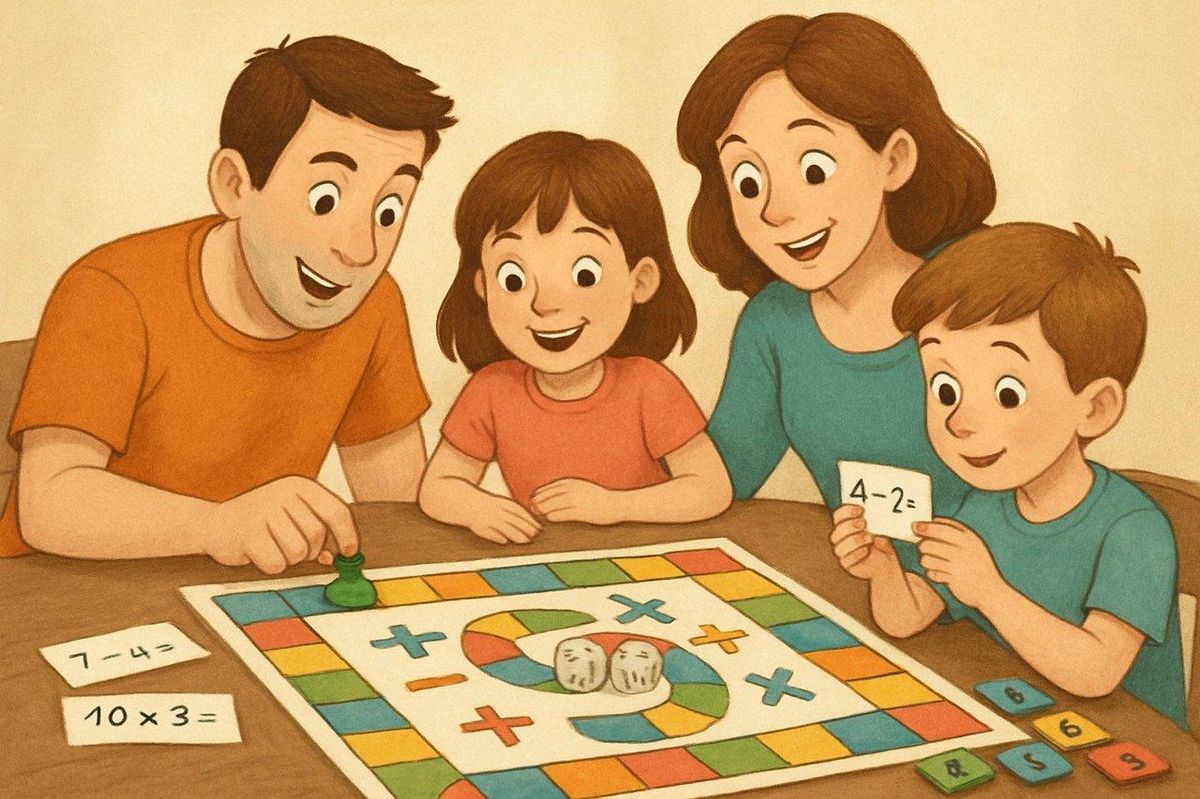 Une famille joue à MultipliPotion, un jeu de société pour apprendre les maths en s'amusant.