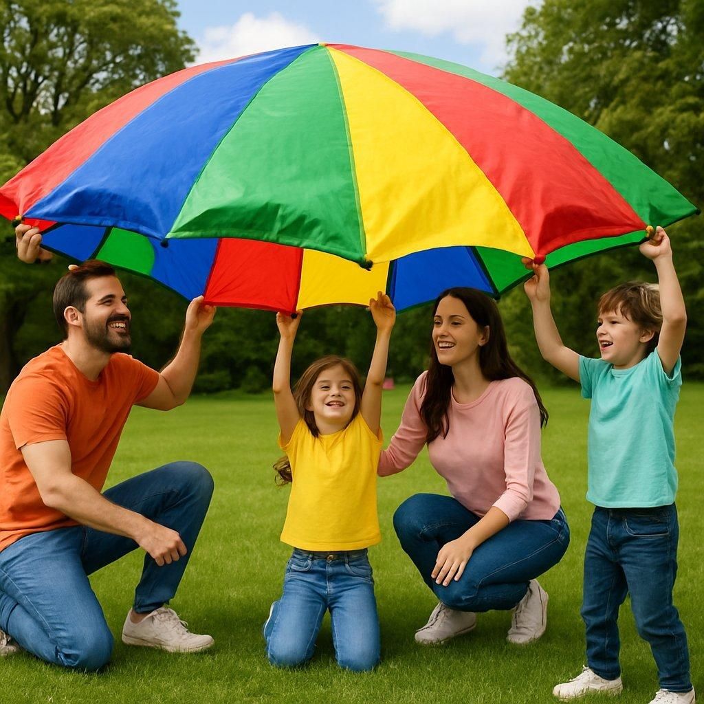 Une famille joue à un family cooperative game avec un colorful parachute pour renforcer la cohésion.