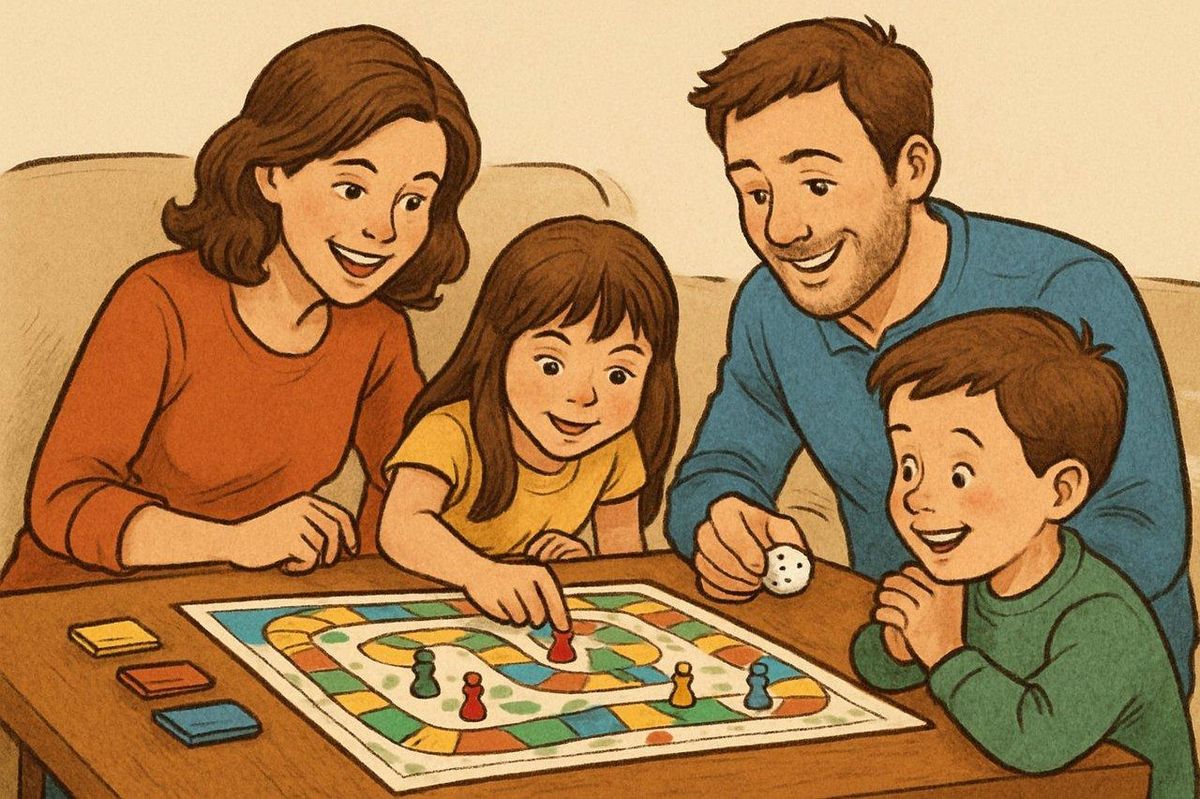 Une famille joue ensemble à un family board game, favorisant l'équilibre entre écran et activités ludiques.