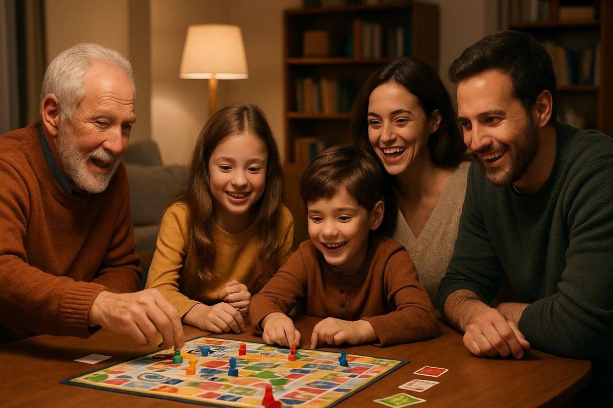Une famille multigénérationnelle profite d'une soirée conviviale autour d’un jeu de société, renforçant les liens familiaux.