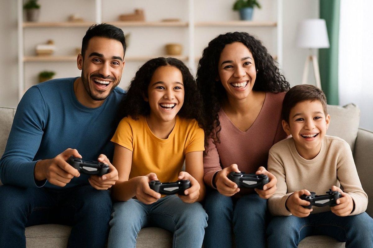 Une famille profitant d’un moment convivial en jouant à un jeu vidéo familial moderne avec des graphismes colorés.