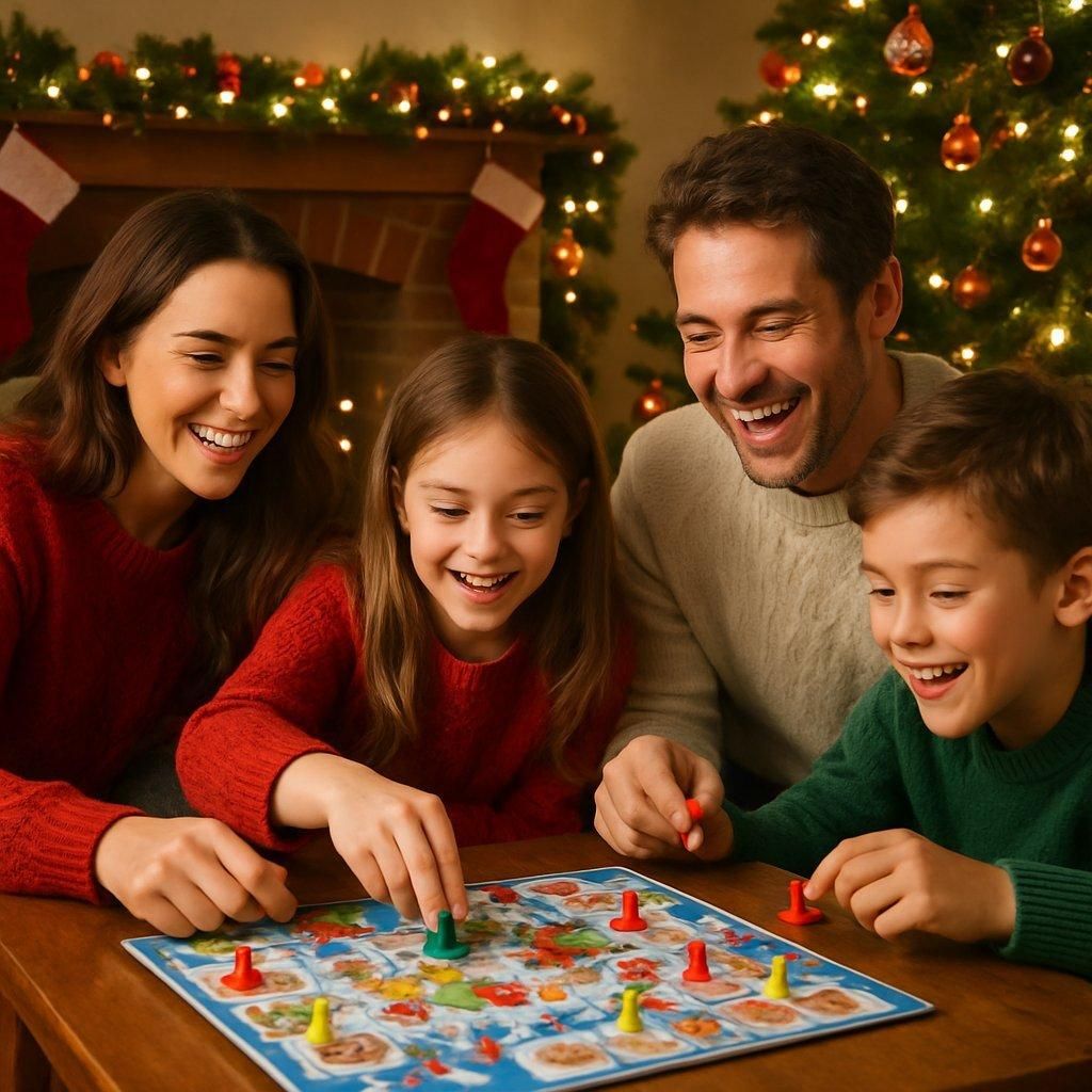 Une famille réunie dans un salon chaleureux décoré de guirlandes et sapin, jouant joyeusement à un jeu de société de Noël.