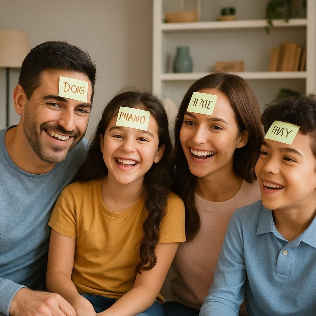 Une famille s'amuse lors d'un jeu de post-it sur le front en soirée conviviale, parfait pour l'automne.