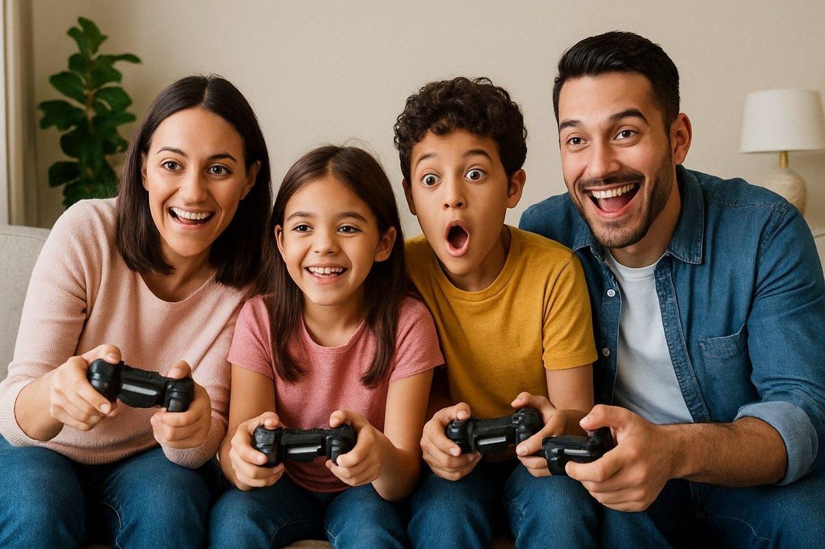 Une famille souriante jouant ensemble à Mario Kart sur Nintendo Switch, une expérience de family playing video games inoubliable.