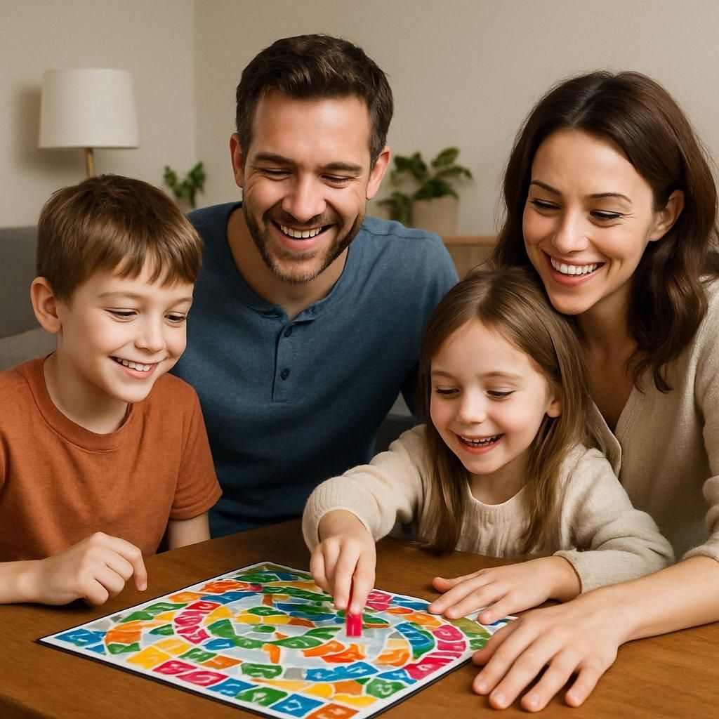 Une famille souriante joue à un jeu de société coopératif lors d'une après-midi conviviale.
