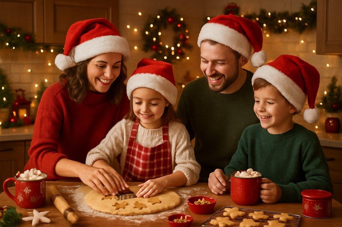 Une famille souriante prépare des biscuits sablés et du chocolat chaud dans une cuisine festive de Noël.