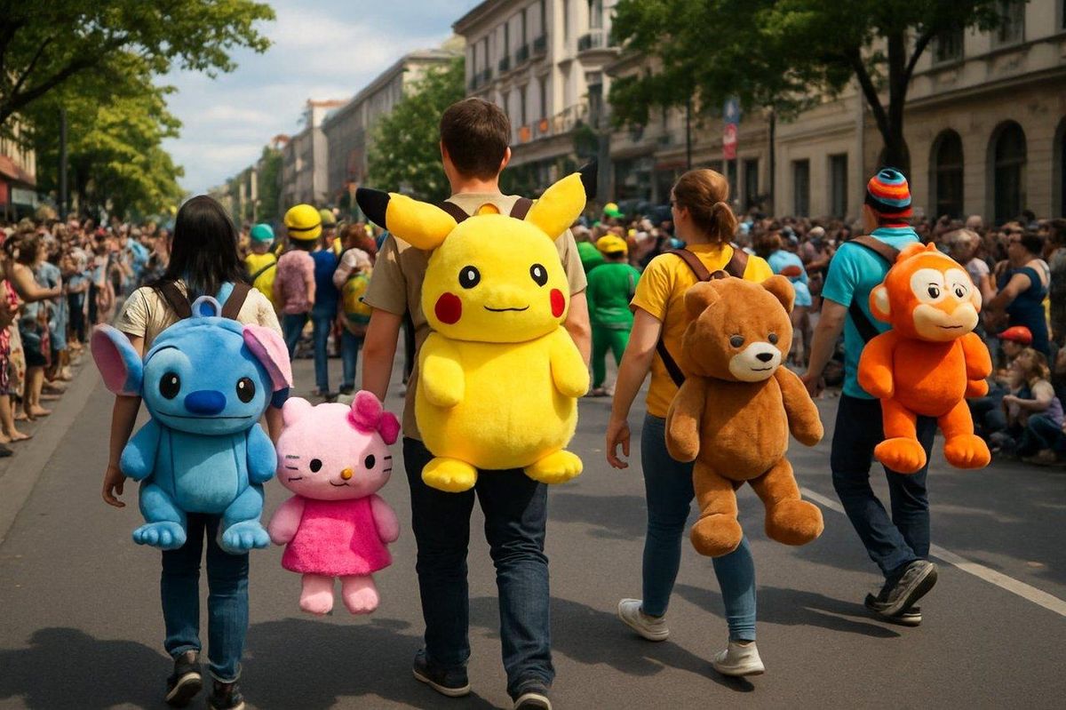 Une parade de personnes portant des plush backpacks Labubu lors d'une marche festive.