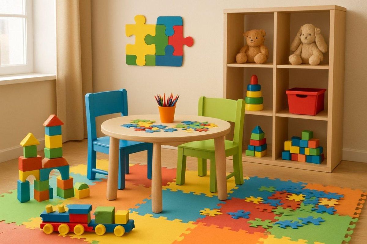 Une salle de jeux pour enfants avec puzzles, jouets d’imitation et structures motrices adaptées.