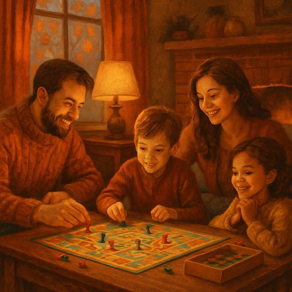 Une soirée automnale en famille autour d’un family board game night autumn, jouant à Catan et Colt Express.