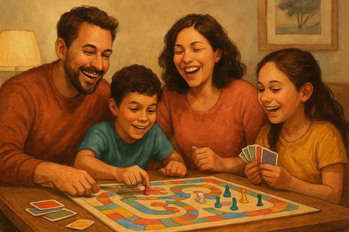 Une soirée de family board game night pleine de rires et de complicité entre enfants et adultes.