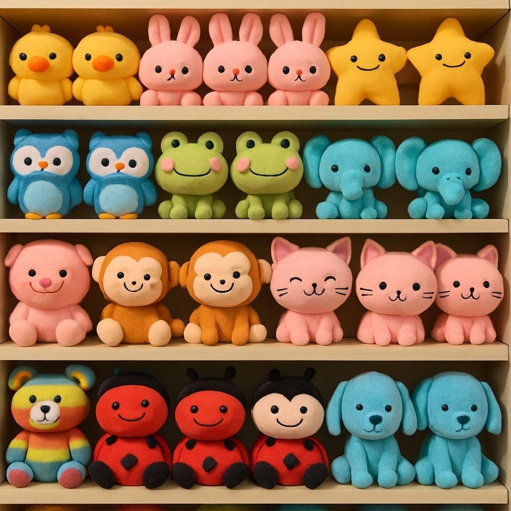 Une vitrine colorée de peluches Labubu soigneusement organisées, illustrant une collection de plush toys colorful plush toy display.