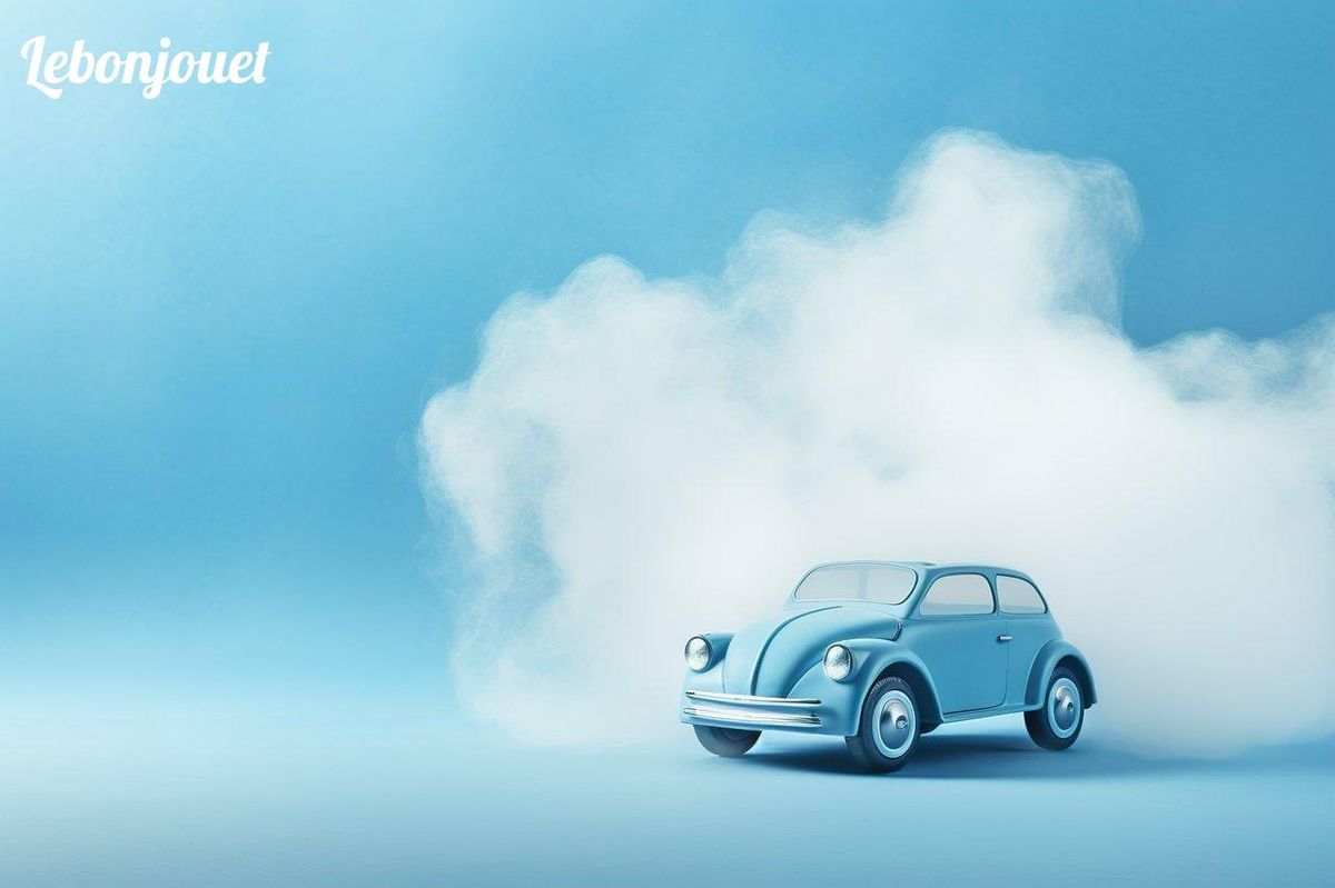 Une voiture bleue surgit d'un nuage, évoquant la magie des invitations Cars.