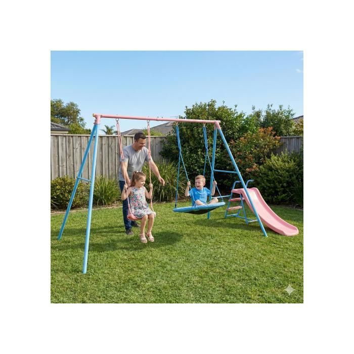 Balançoire double avec toboggan - HJKJYX-Bleu et rose - Convient aux enfants âgés de 3 ans et plus