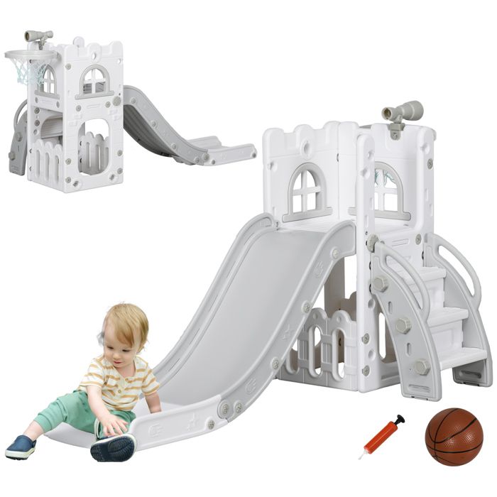 Toboggan pour enfant - AIYAPLAY - 5 en 1 - panier de basket escalade télescope et rangement - HDPE - 70x177x92cm - gris