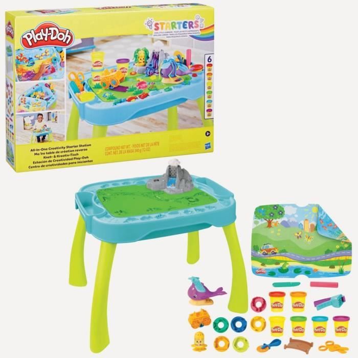 Table de création Play-Doh réversible pour enfants avec 15 accessoires et 6 pots de pâte à modeler Play-Doh Starters