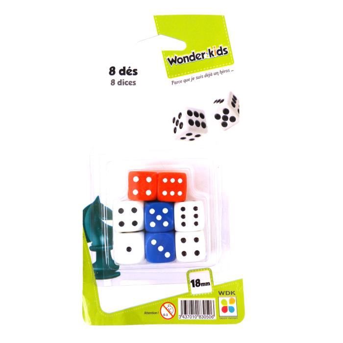 Jeu de dés - WONDERKIDS - 8 dés blancs rouges et bleus - Enfant - Mixte - 2 joueurs ou plus