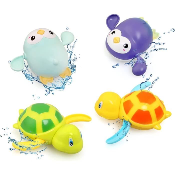 Jouets de Bain Bebe 4 Pièces Tortue Manchot Jeux de Bain pour Bebe Jeux Piscine Enfant pour 1 2 3 4 5 Ans Jouet de Bain Enfant