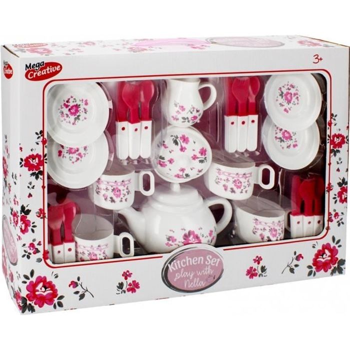 Dinette - Coffret Dinette motif fleurs rose - 4 pièces - Développe la créativité - Mixte