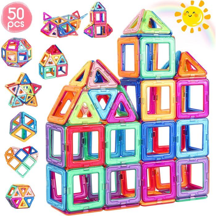 Construction Magnetique Enfant 50 Pièces Blocs de Construction Magnétiques Enfants Educatif Jeux Cadeaux pour Enfants à Partir de 3