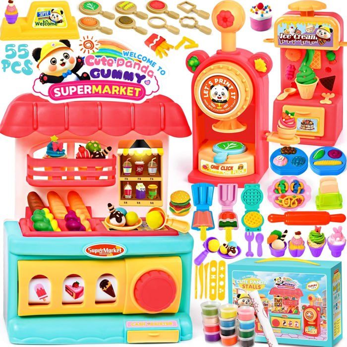 Coffret pâte à modeler enfants 55 pièces avec 12 potsmachine à glace et moules alimentaireskit créatif supermarché dès 2 ans