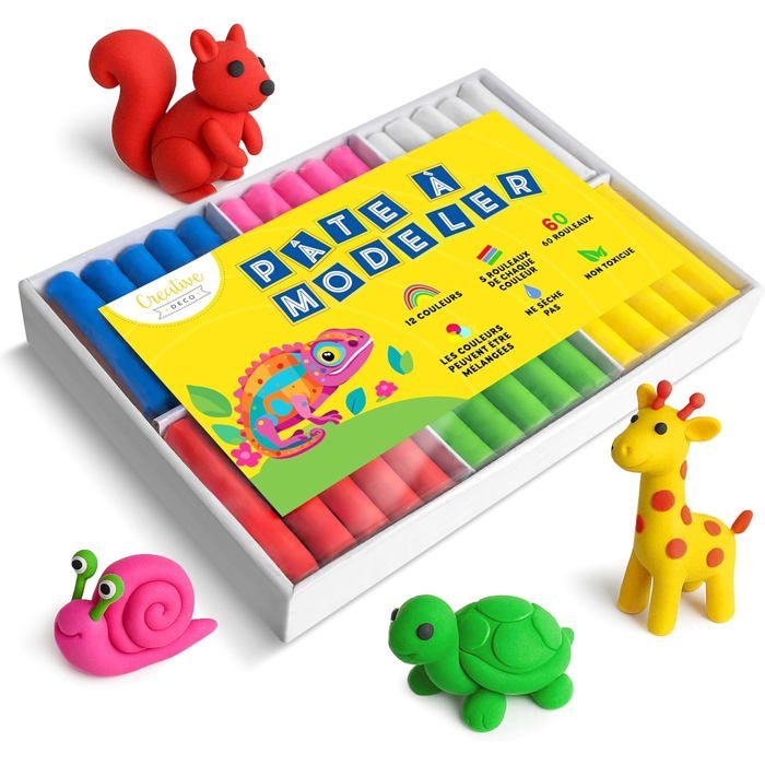 Pâte à modeler pour enfants - CREATIVE DECO - Set 60 - 12 couleurs - 5 barres/couleur - Non toxique CE