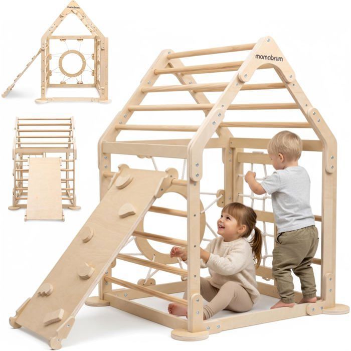Aire de Jeux Intérieure Enfant Bois – Cabane d’Escalade avec Échelles Toboggan Filet et Mur Escalade 3 Ans+ Charge 50 kg