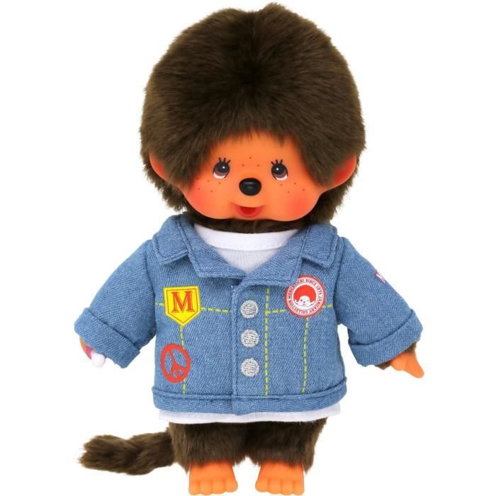 Bandai - Monchhichi - Peluche Monchhichi veste en jean - Peluche toute douce 20 cm pour enfants et adultes - SE23396