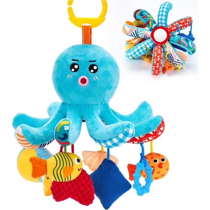Jouet Suspendu Montessori pour Bébé 0-6 Mois - Pieuvre à Cordon avec Sons Miroir & Stimulation Sensorielle pour Poussette