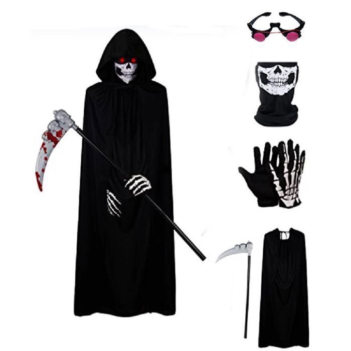 Ensemble De Déguisements DHalloween Effrayants Pour Enfants 5 Pièces Tenue De Faucheuse Aux Yeux Brillants Noirs