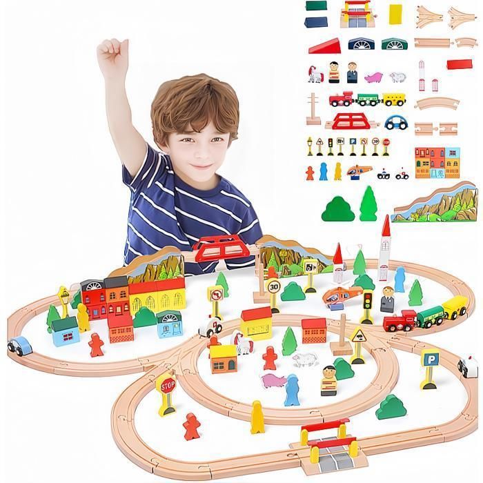 Circuit jouet de train en bois - Lot de 101 - Cadeau enfant 4 5 6 7 ans train - Compatible BrioThomas PZCC