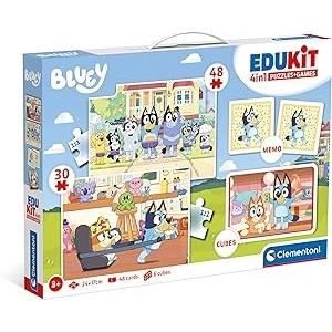 Clementoni - Edukit - Bluey - Coffret apprentissage 4 en 1 - 2 puzzles 1 mémo 1 jeu de 6 cubes - Fabriqué en Italie - Dés 4ans