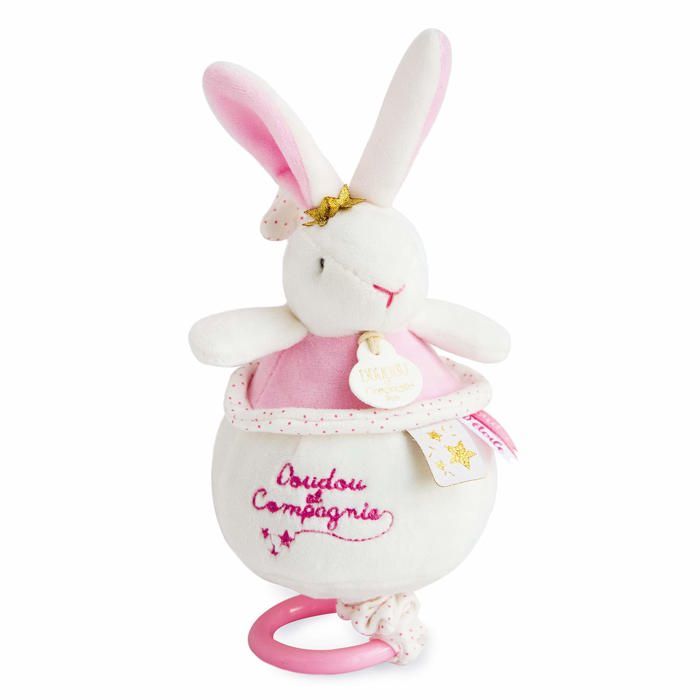DOUDOU ET COMPAGNIE - Lapin Fleurs - Peluche musicale pour bébé - Blanc et rose - 15 cm