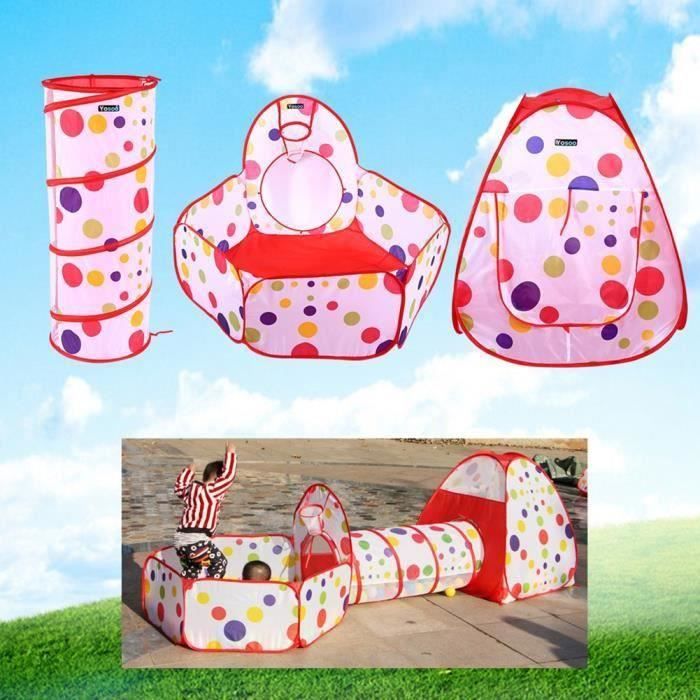 Tente de jeu pour enfants - Ensemble de jouets 3 en 1 - Rouge + Points colorés - Fil dacier en tissu