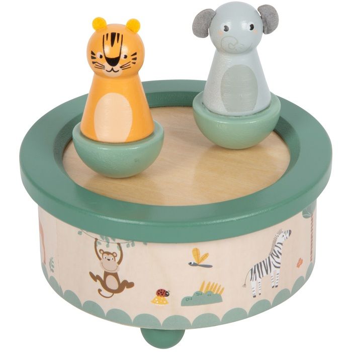 Boîte à musique - SMALL FOOT COMPANY - Safari - Animaux en bois - Mélodie apaisante - 12x12x12 cm