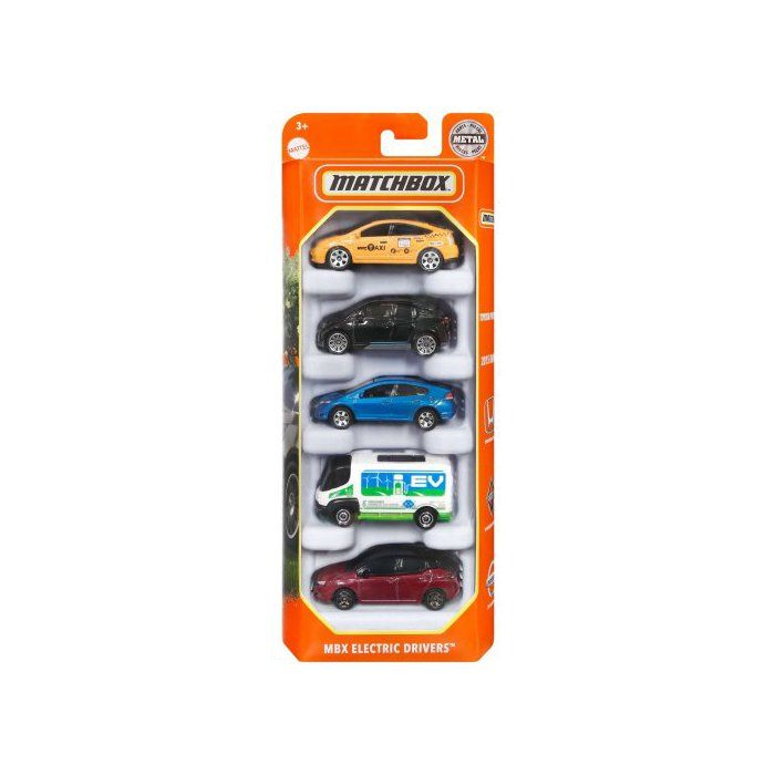 Set 5 Véhicules Matchbox : MBX Electrics Drivers - Coffret Voitures Miniatures jaune Noire Rouge Bleu - Enfant