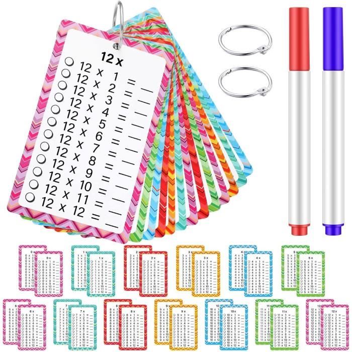 Jeu de Cartes de Multiplication pour Enfants13 Cartes avec 2 Marqueurs Effaçables et 2 AnneauxApprentissage Ludique et Portable